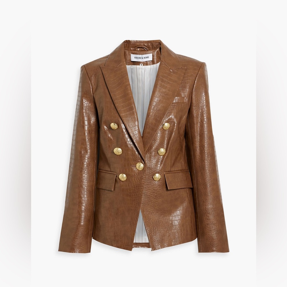 NWT Veronica Beard Lawrence Croc Embossed Faux Leather Dickey Jacket In Brown - Picture 8 of 13